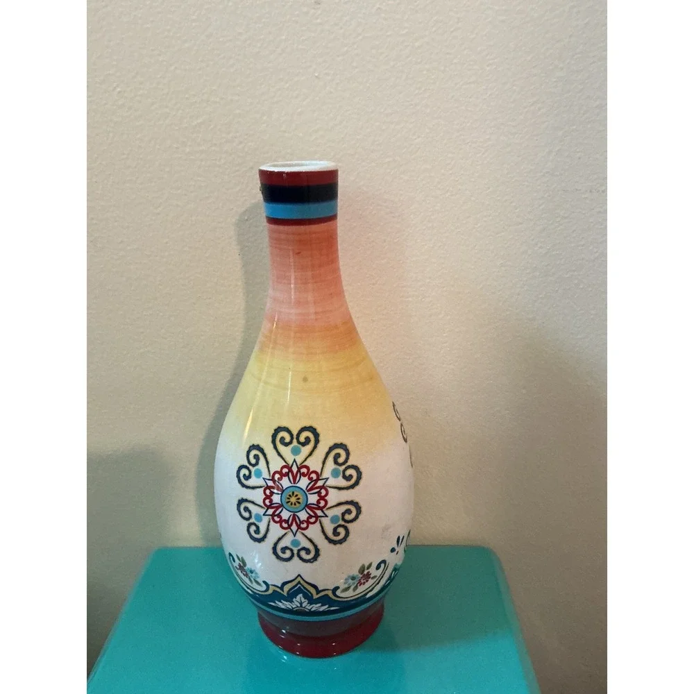Vintage Bella Casa Ceramic Vase Multicolor‎ Mediterranean Floral Medallion 9.5